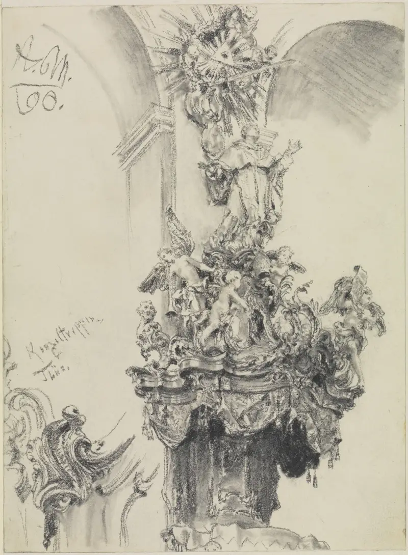 Die Bekrönung der Kanzel der Augustinerkirche in Würzburg av Adolph von Menzel