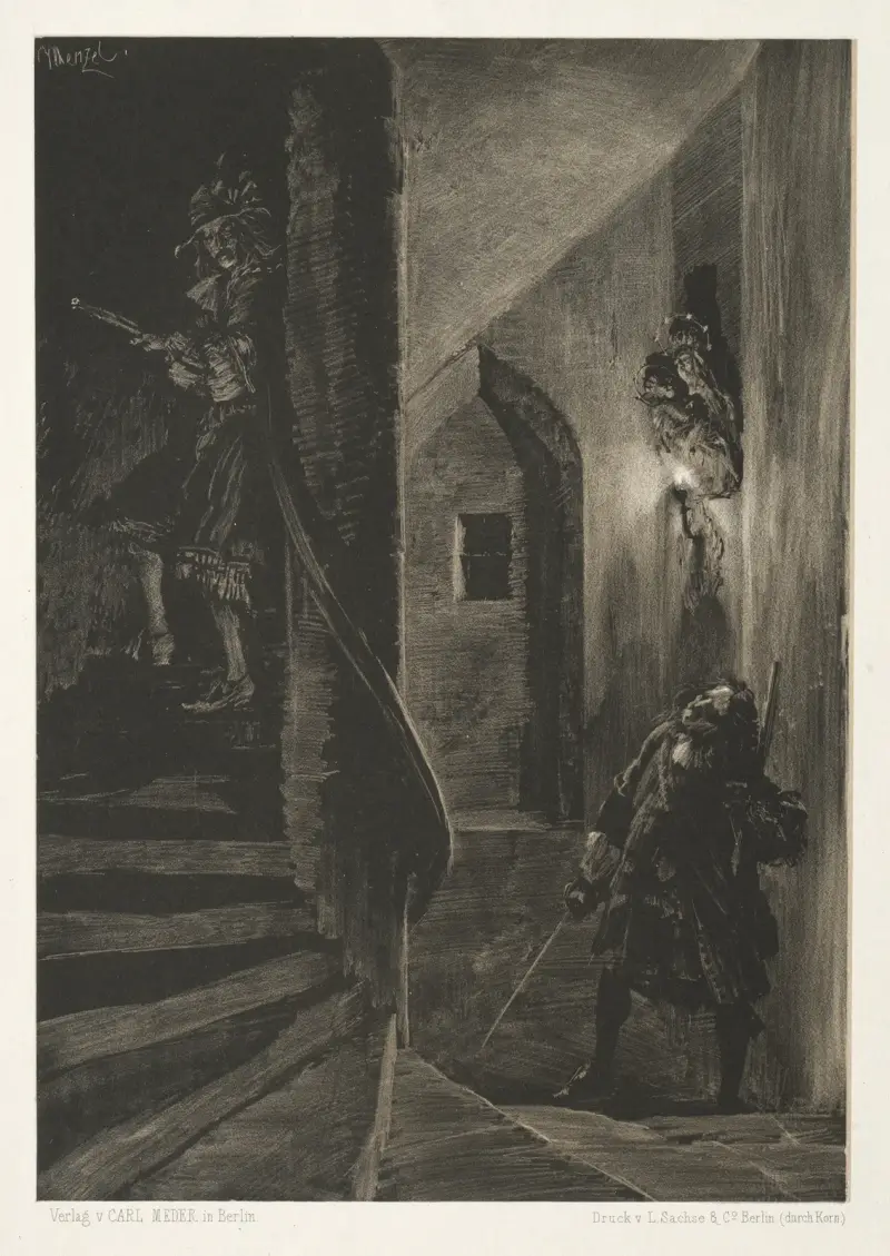 Essay on Stone with Brush and Scraper; Chase on the Winding Staircase av Adolph von Menzel
