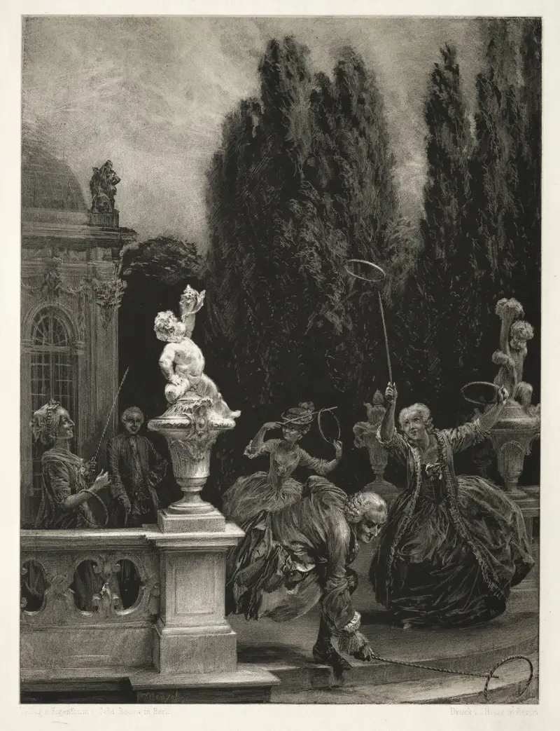 Essä om sten med pensel och skrapa; Ringlek på borggården av Adolph von Menzel