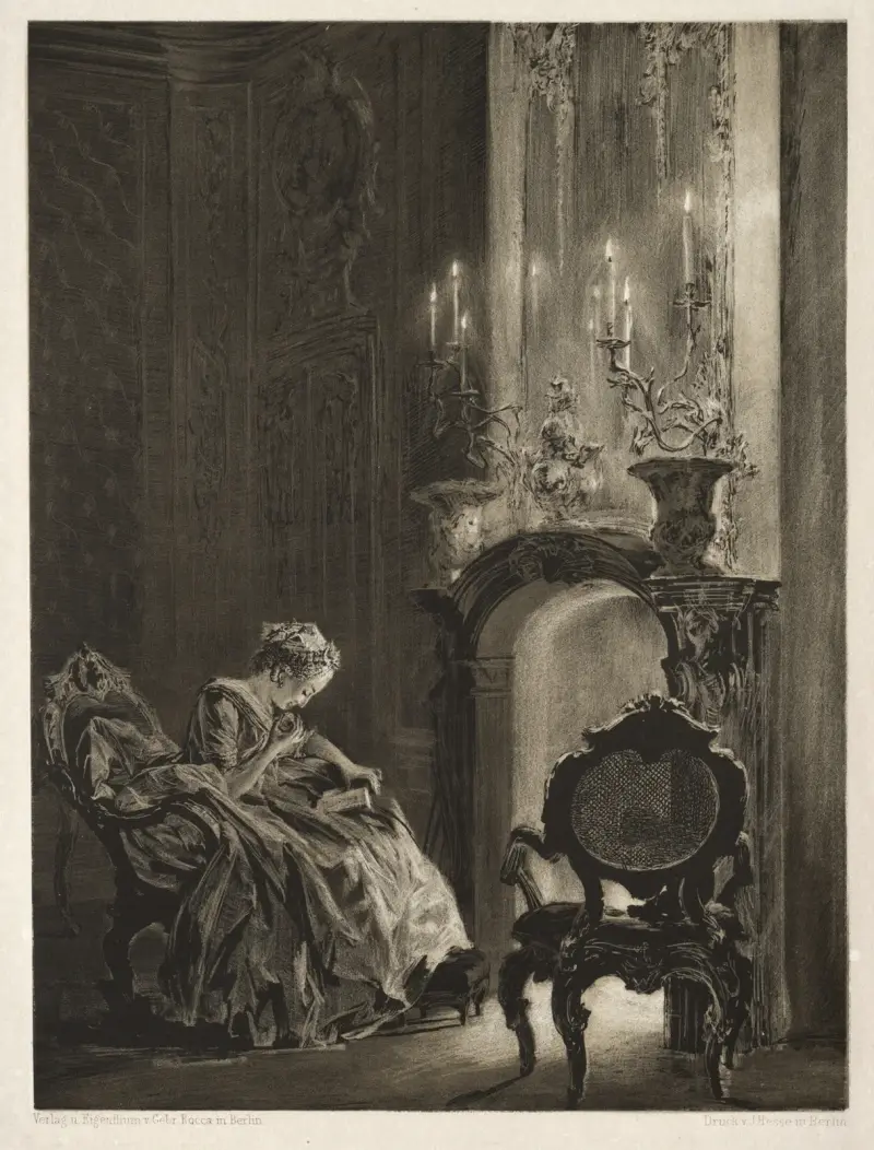 Essä om sten med pensel och skrapa; Läsande kvinna vid spisen av Adolph von Menzel