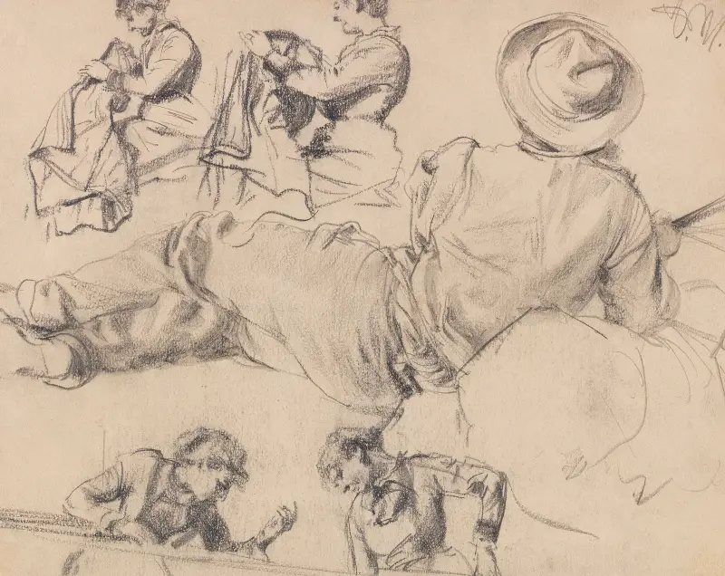 Figurenstudien; Nähende Frau, Liegender Mann, Junge Frau av Adolph von Menzel