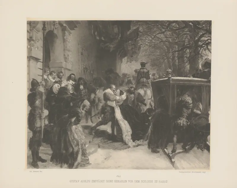 Gustav Adolph empfängt seine Gemahlin vor dem Schlosse zu Hanau av Adolph von Menzel