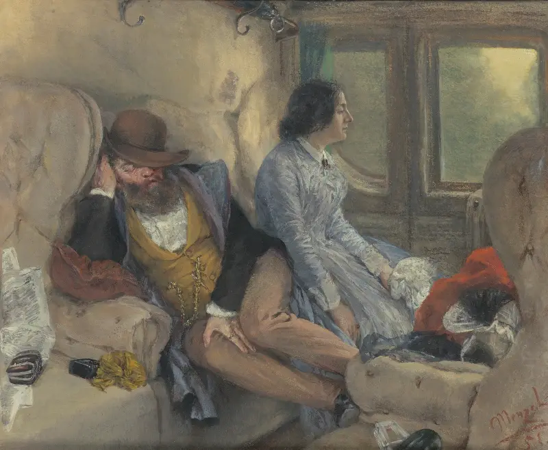 I järnvägskupén (efter genomförd natt) av Adolph von Menzel