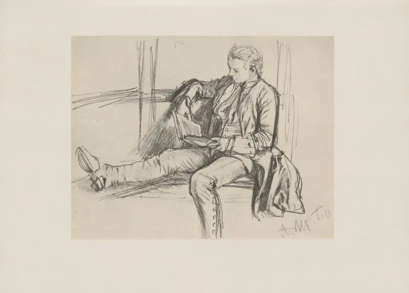 Kronprinz Friedrich lesend, Studie zur Wasserfahrt in Rheinsberg, 1860 av Adolph von Menzel