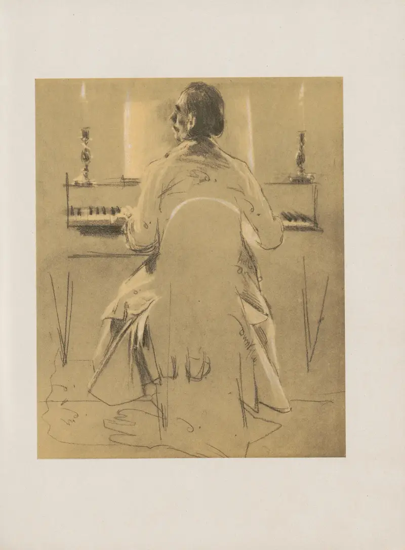 Modellstudie zu Ph. E. Bach am Klavier, Studie zum Flötenkonzert (1852) av Adolph von Menzel