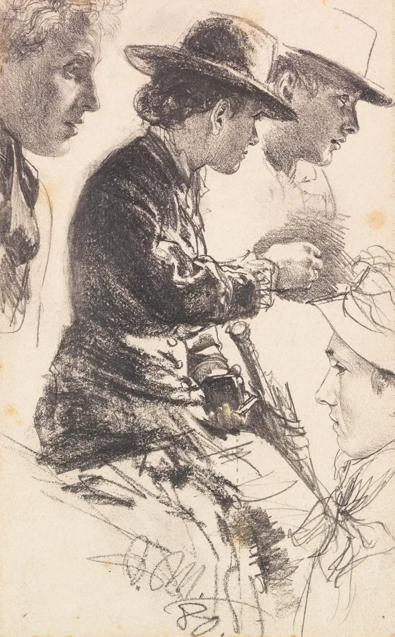 Studie av sittande dam med hatt, parasoll och börs av Adolph von Menzel
