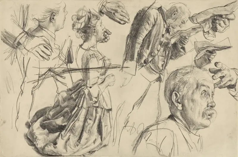 Studie för Heinrich von Kleists Den krossade krukan av Adolph von Menzel