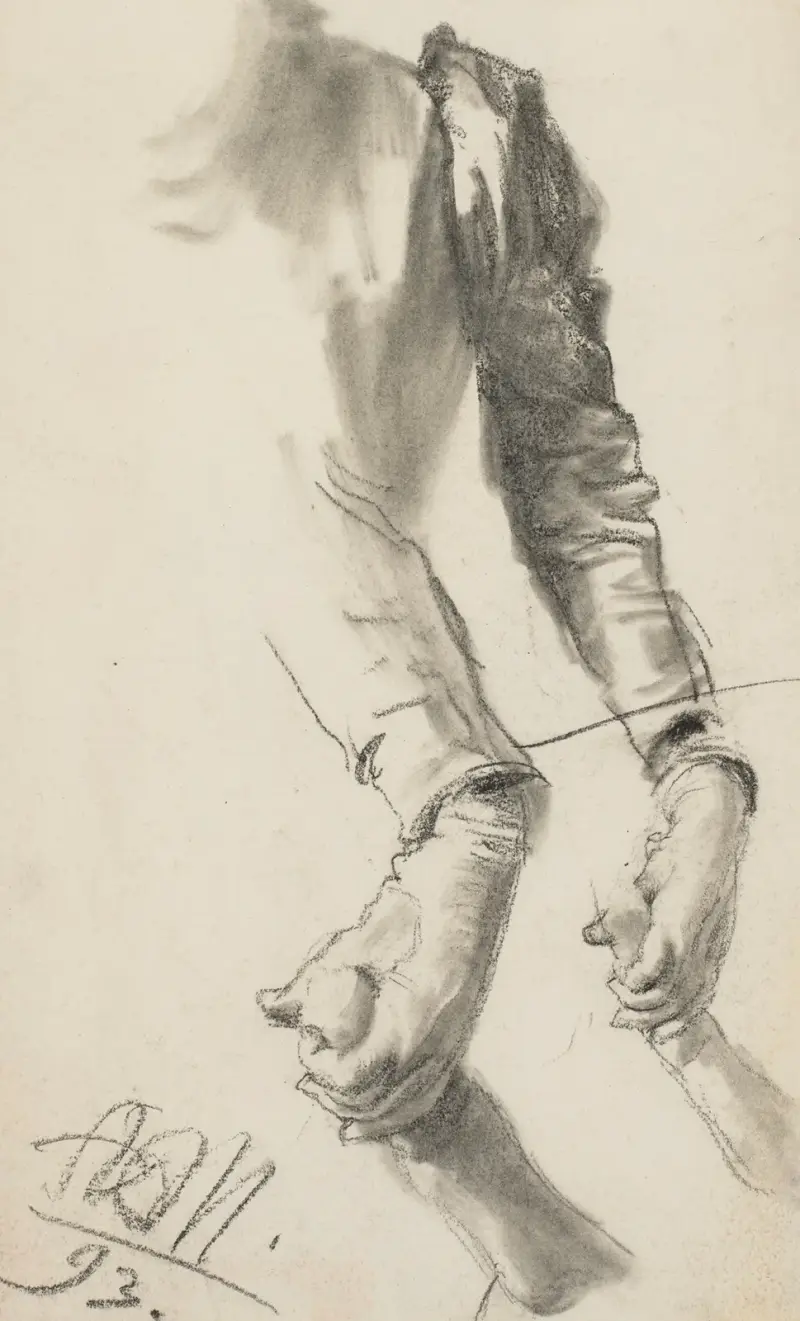 Två studier av en kvinnas vänstra arm som håller ett barns hand av Adolph von Menzel