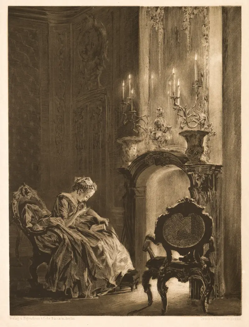 Kvinna läsande vid brasan av Adolph von Menzel