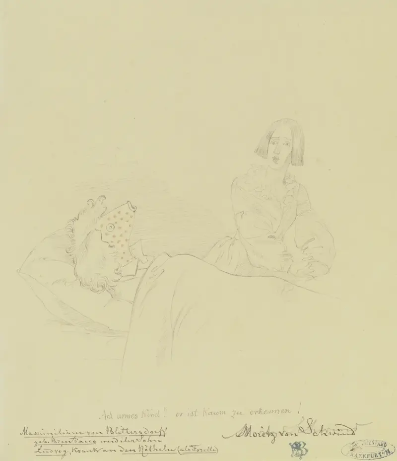 ‘Ach armes Kind! er ist kaum zu erkennen!’ Maximiliane von Blittersdorf geb. Brentano und ihr Sohn Ludwig, krank an den Röteln (als Forelle) av Moritz von Schwind