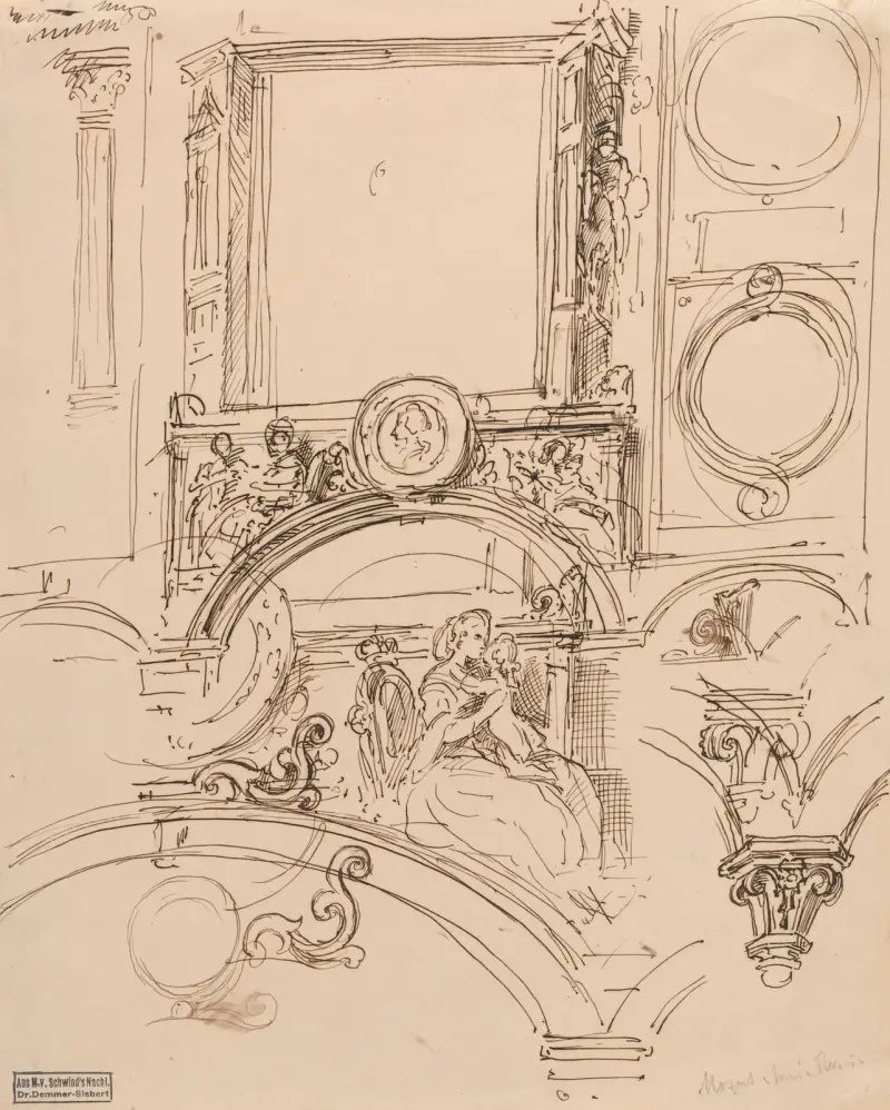 Architekturdetails für eine Wanddekoration mit Kaiserin Maria Theresia, die den jungen Wolfgang Amadeus Mozart umarmt von Moritz von Schwind