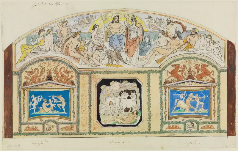 Geburt der Athene – Jugend des Dionysos – Hermes treibt die Rinder des Apollon fort – Erziehung des Achilleus durch Chiron von Moritz von Schwind