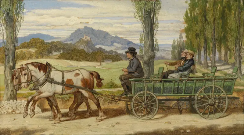 Die Landpartie; Schwind und Bauernfeld auf einem Leiterwagen av Moritz von Schwind