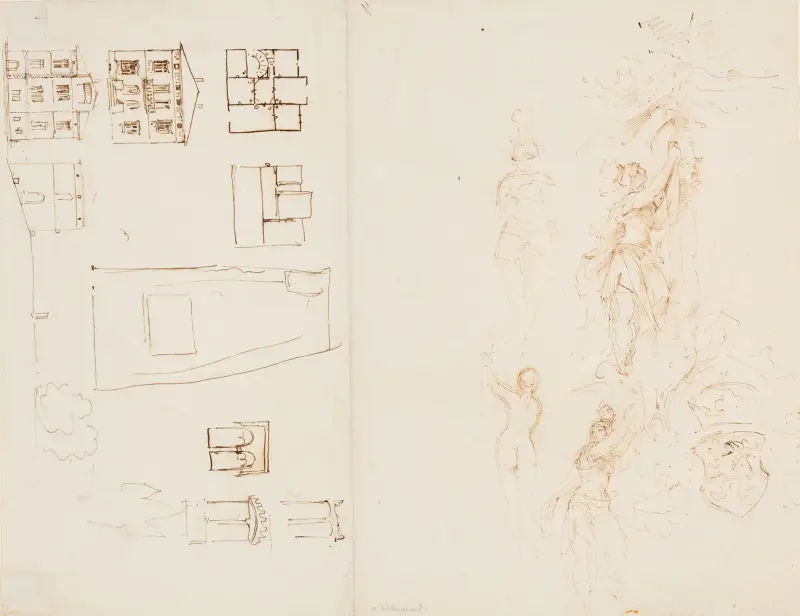 Entwurfsskizzen zum Haus des Künstlers in Frankfurt am Main sowie Vignettenentwürfe zum Erzherzog Carl von Oesterreich von Eduard Duller von Moritz von Schwind