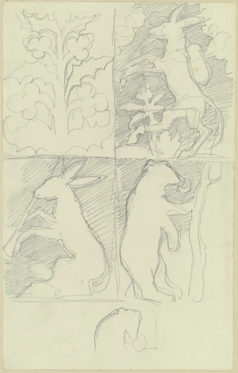 Kunstgewerbliche Entwürfe, in vier Feldern; Symmetrisches Gewächs, Esel mit Rucksack, Musizierender Esel und Bär mit Nasenring av Moritz von Schwind