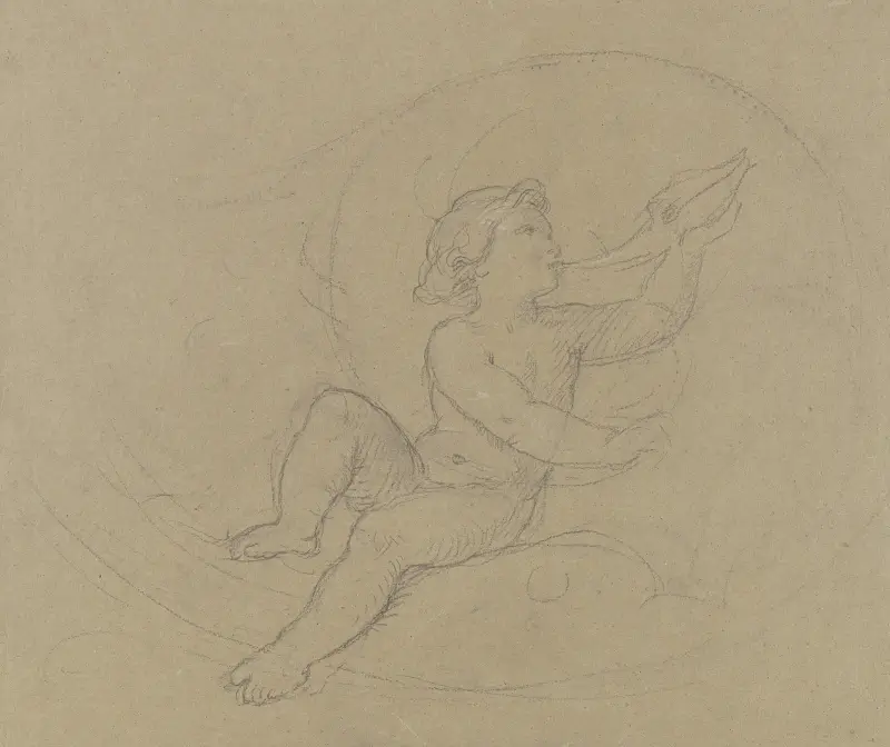 Putto zwischen Ranken, in ein Muschelhorn blasend av Moritz von Schwind