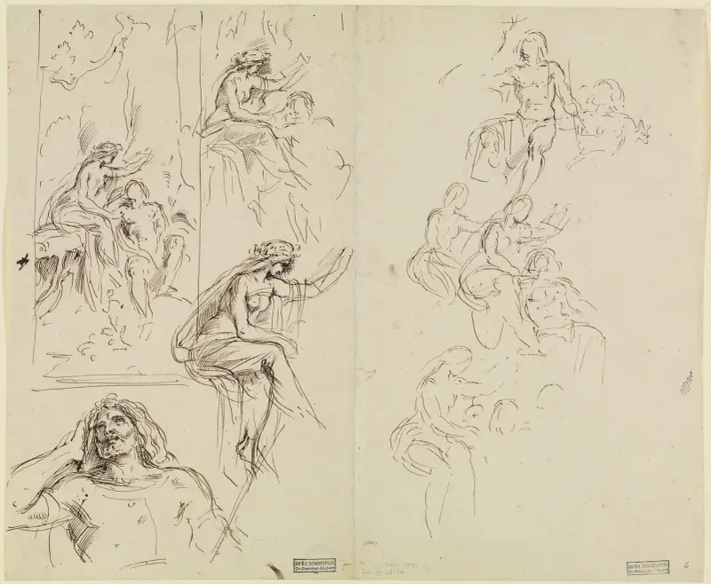 Studienblatt mit Kompositionsentwurf und Einzelskizzen zu ‚König Krokus und die Waldnymphe‘ von Moritz von Schwind