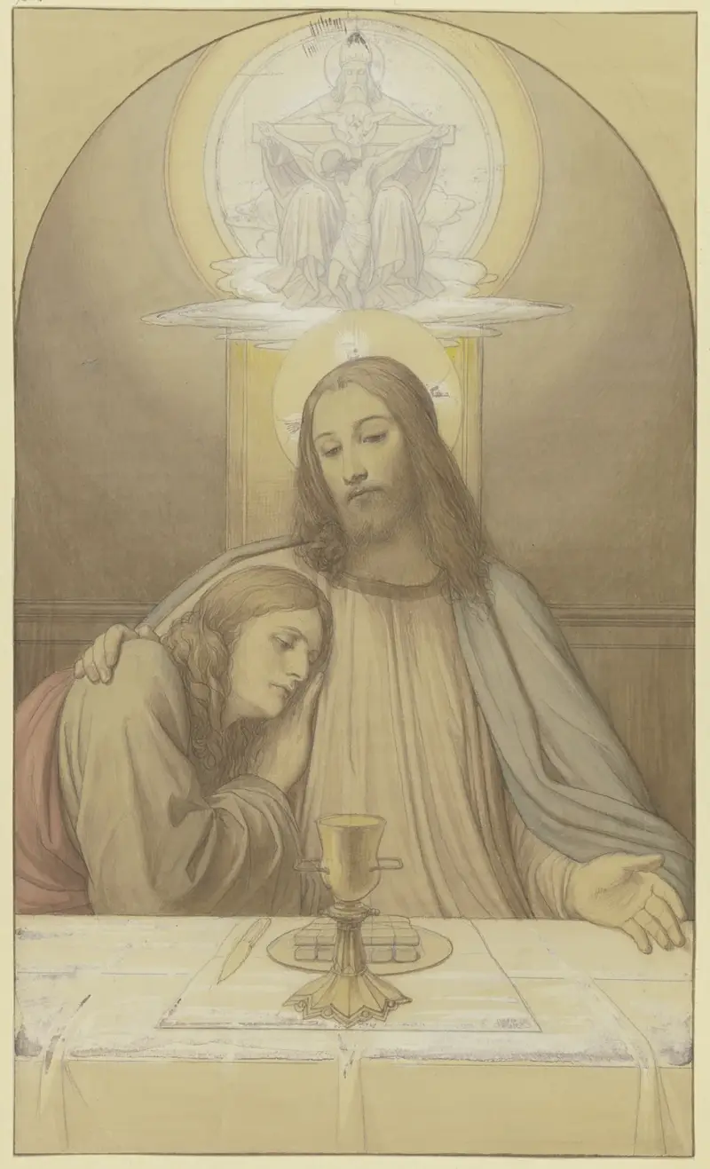 Christus mit dem Lieblingsjünger Johannes, Halbfiguren am Tisch des letzten Abendmahles, über ihnen die Dreifaltigkeit av Eduard von Steinle