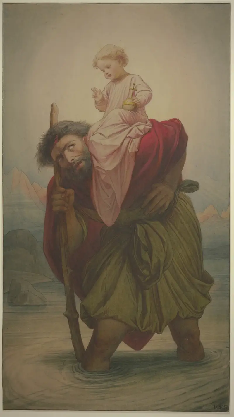 Der Heilige Christophorus mit dem Jesuskind im Fluß, 1857 av Eduard von Steinle