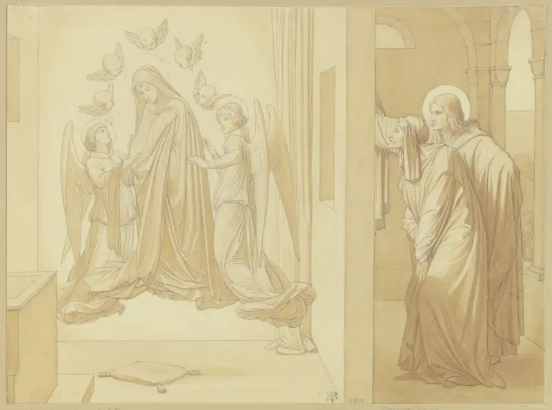 Die Heiligen Johannes der Evangelist und Dionysos, die im Gebet schwebende Maria beobachtend von Eduard von Steinle