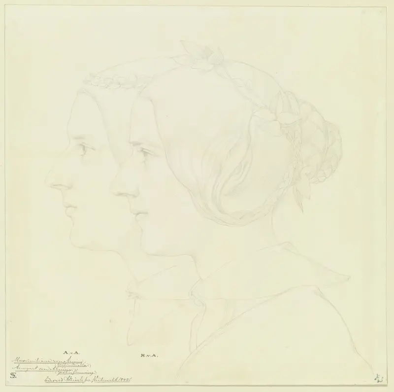 Maximiliane von Arnim, grevinna Oriolla, och Armgart von Arnim, grevinna Flemming, i profil åt vänster av Eduard von Steinle