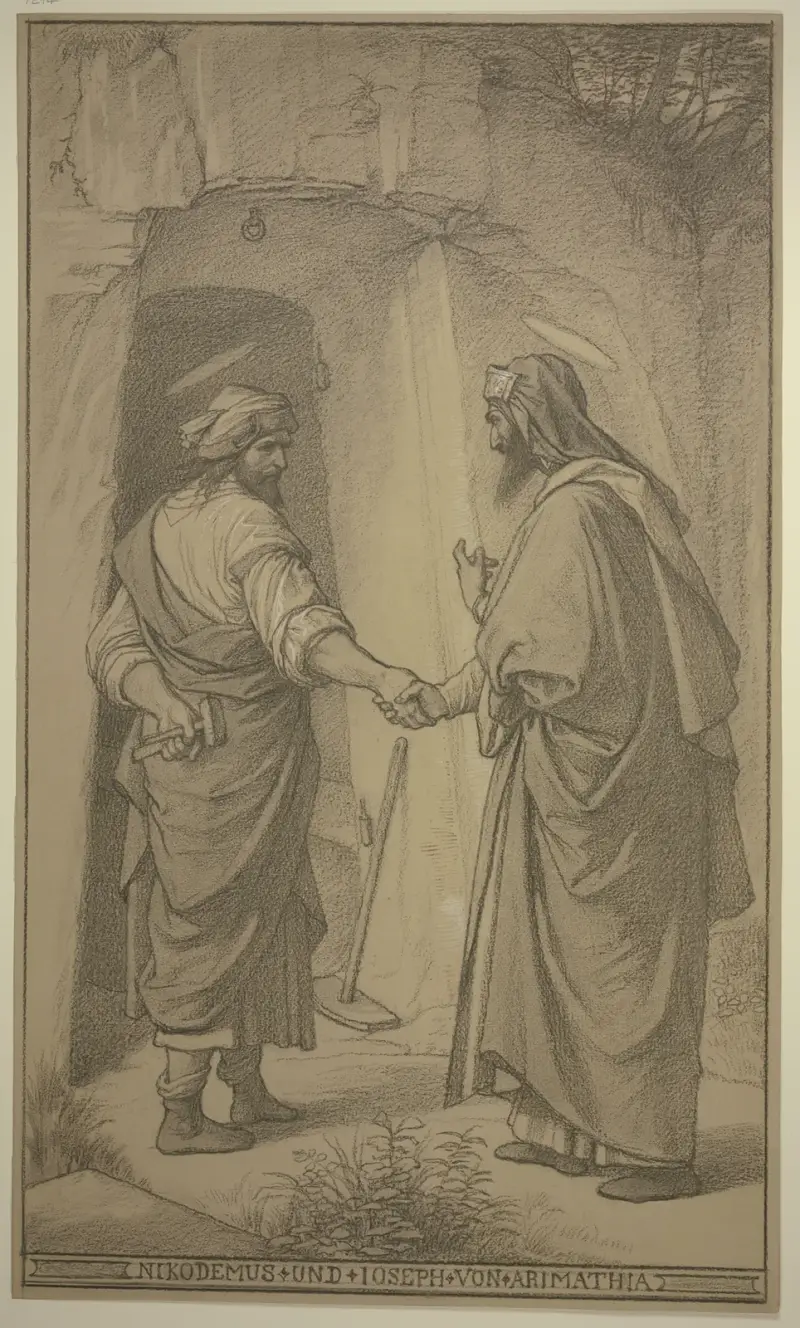 Nikodemus och Josef från Arimataia inför Herrens grav, räckande varandra handen av Eduard von Steinle