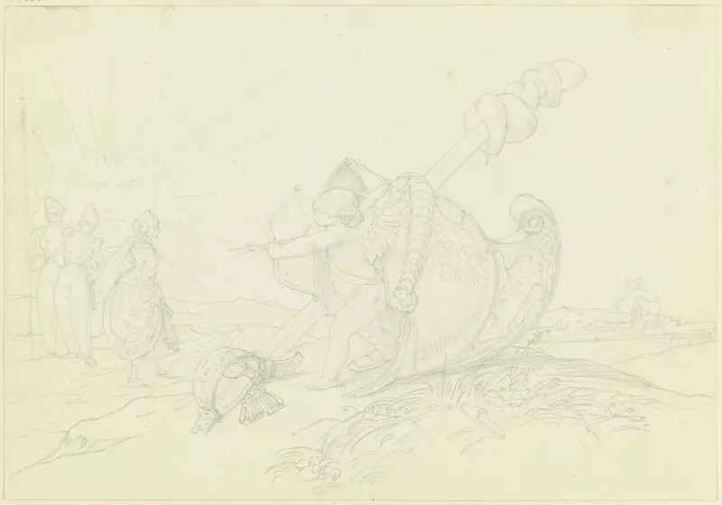 Scherzhafte Auffassung der Erklärung des befreundeten Barons C.v.W., Oesterr. Dragoner-Offiziers; Er suche zur Ehe die Frau mit den kleinsten Füssen. av Eduard von Steinle