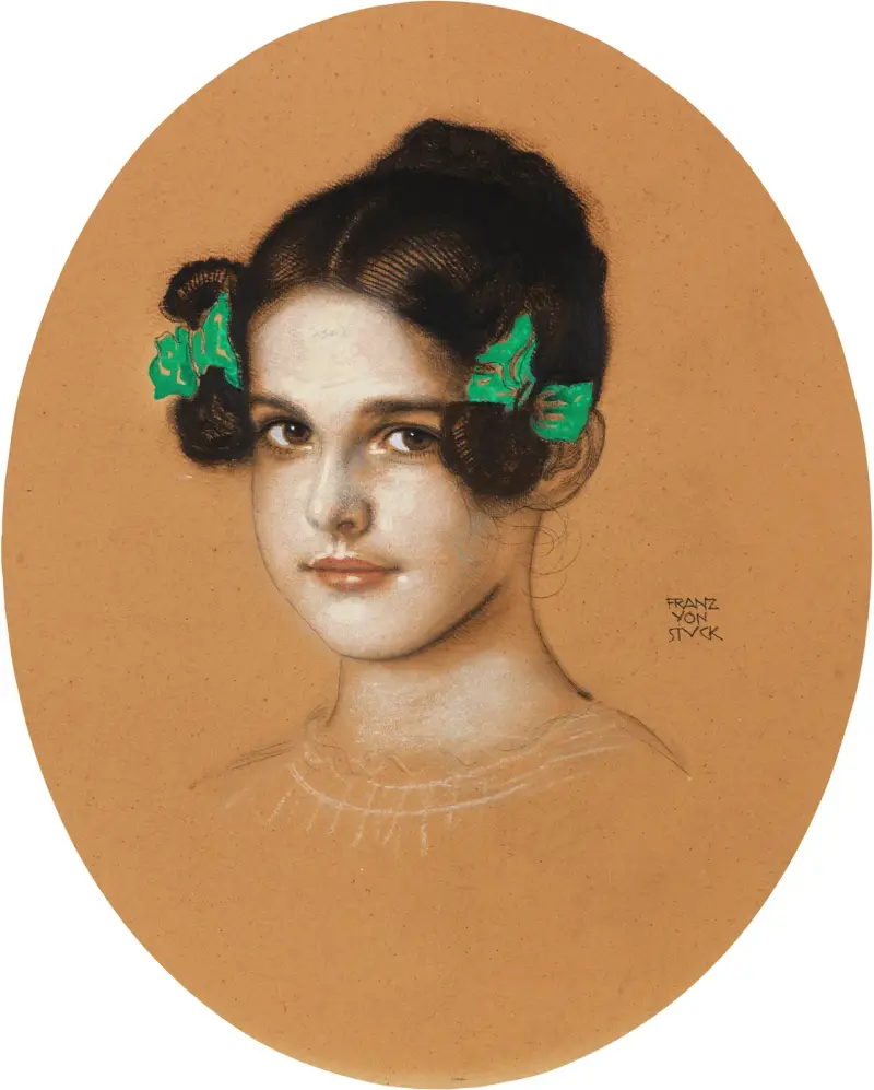 Porträtt av dottern Mary med gröna rosetter av Franz von Stuck