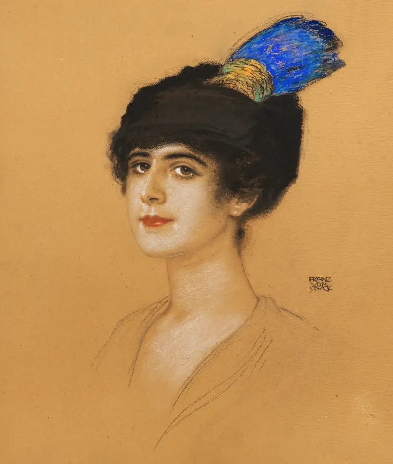 Porträtt av dam med fjäderprydnad av Franz von Stuck
