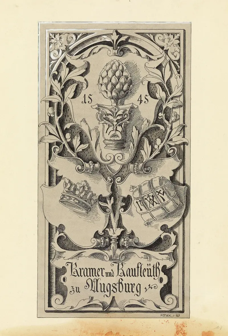 Kramer und Kaufleuth zu Augsburg, Vorlagenzeichnung für ‘Allegorien und Embleme’ av Franz von Stuck