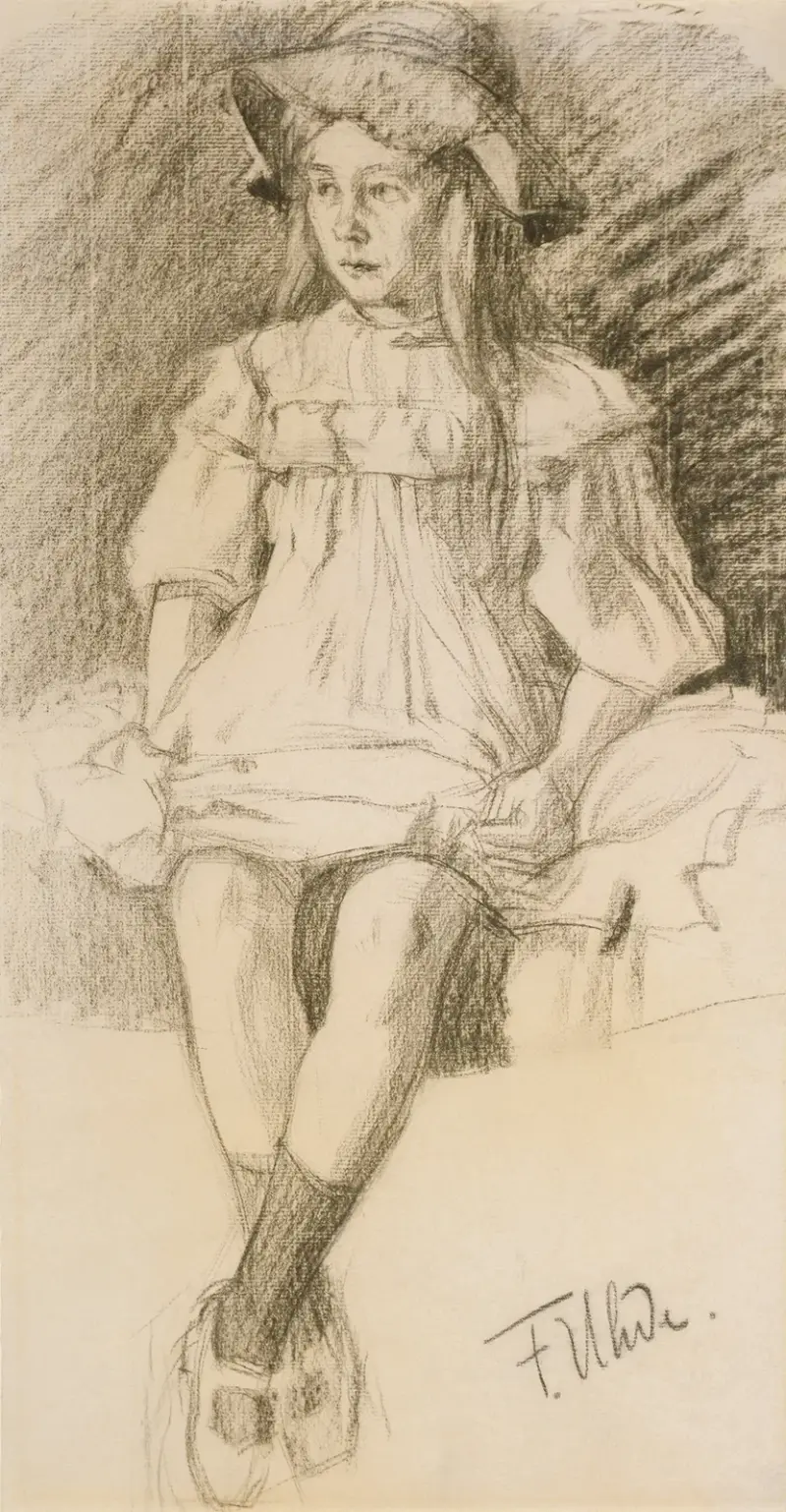 Sitting girl with hat av Fritz von Uhde
