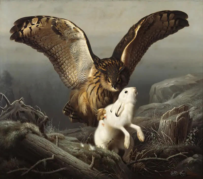 Ein Uhu schlägt einen Hasen von Ferdinand von Wright