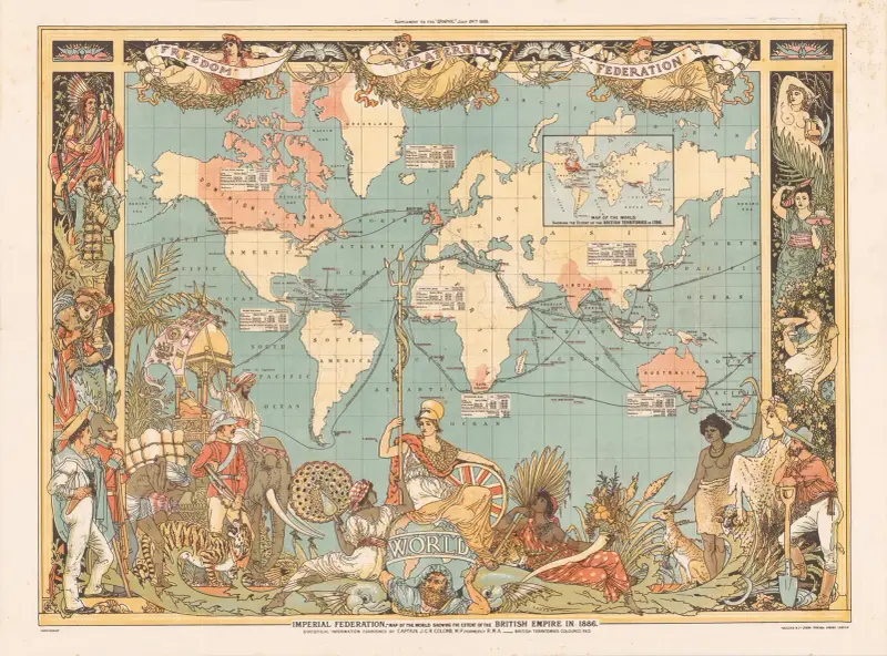 Imperial Federation-Karte der Welt mit dem Ausmaß des Britischen Empire im Jahr 1886 von Walter Crane
