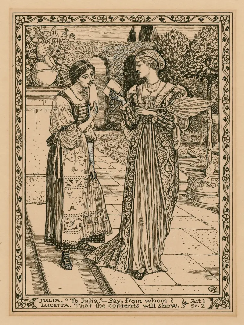 Julia; 'Till Julia, ...Säg, från vem' Lucetta; 'Att innehållet ska visa', akt 1, scen 2 C. av Walter Crane