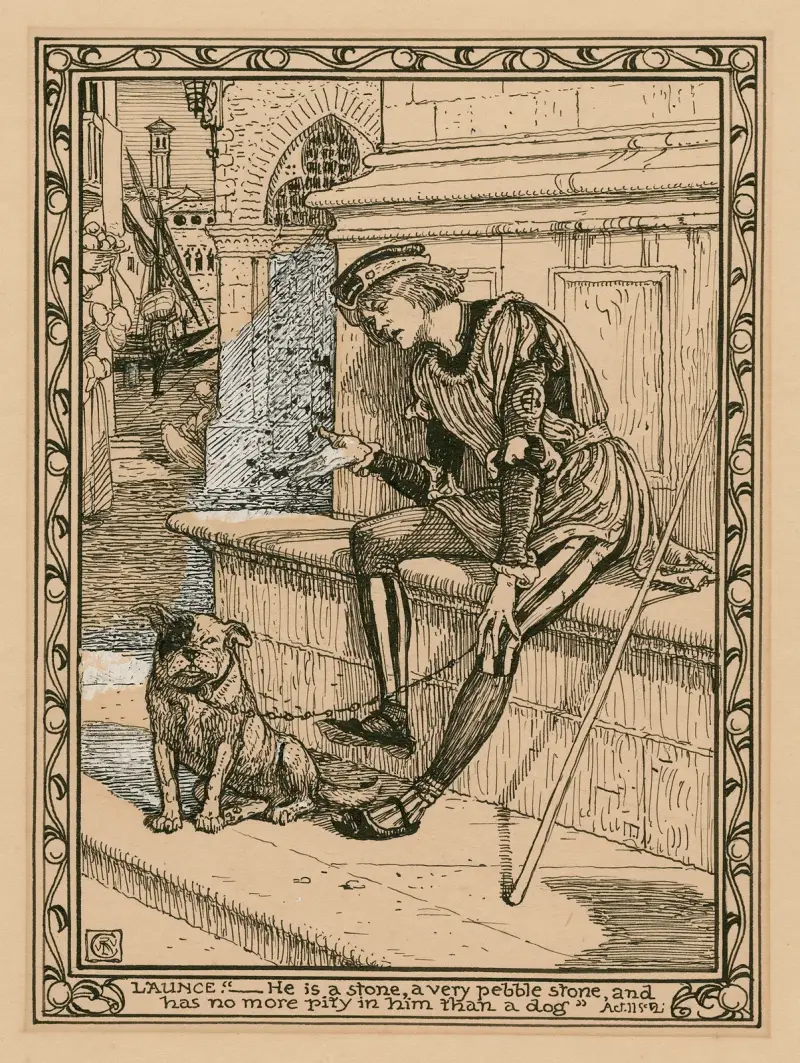Launce; ‘…He is a stone, a very pebble stone and has no more pity in him than a dog’, act II, sc. 2 av Walter Crane