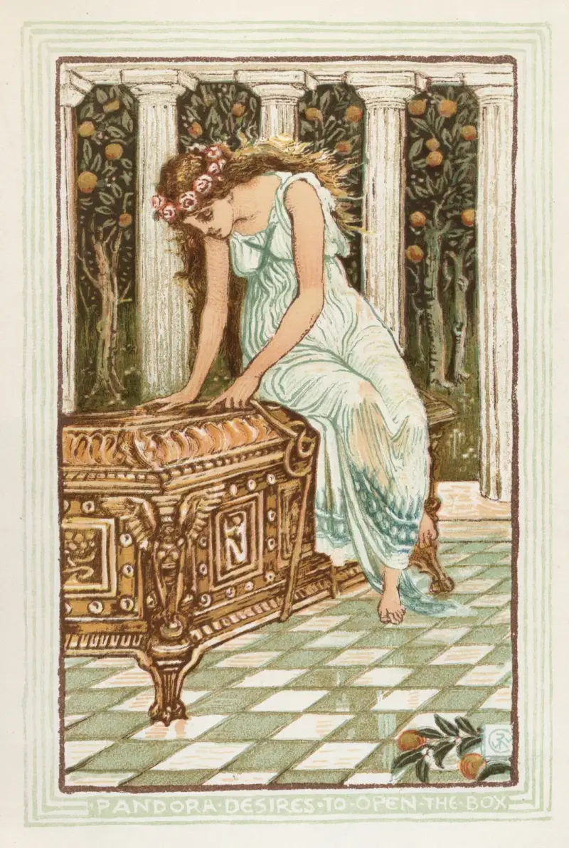 Pandora vill öppna asken av Walter Crane