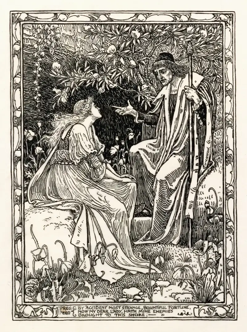 Pros; ‘By accident most strange, bountiful fortune, now my dear lady, hath mine enemies brought to this shore …’ [The Tempest] av Walter Crane