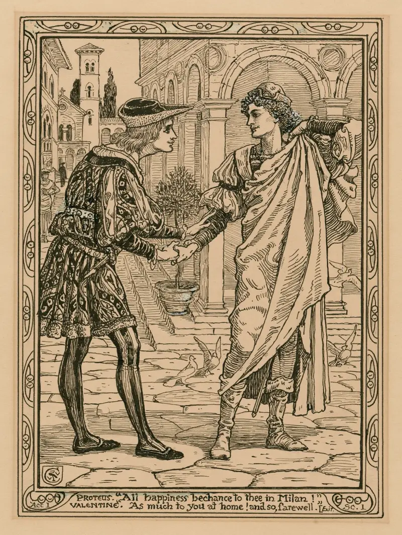 Proteus; ‘All happiness bechance to thee in Milan!’ Valentine; ‘As much to you at home! and so, farewell’ av Walter Crane