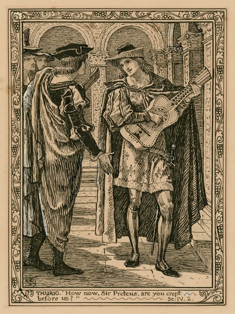 Thurio; 'How now, Sir Proteus, are you crept before us', akt IV, scen 2 av Walter Crane