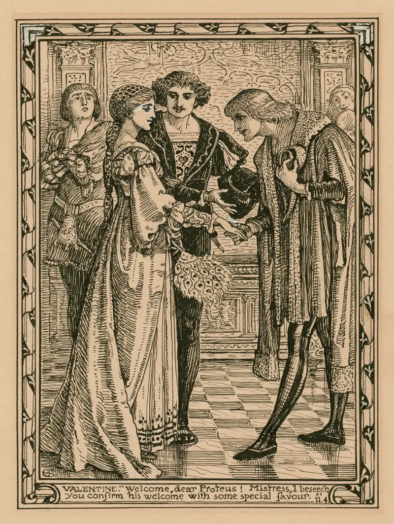 Valentine; ‘Welcome, dear Proteus! Mistress, I beseech you confirm his welcome with some special favour’, II, 4 av Walter Crane