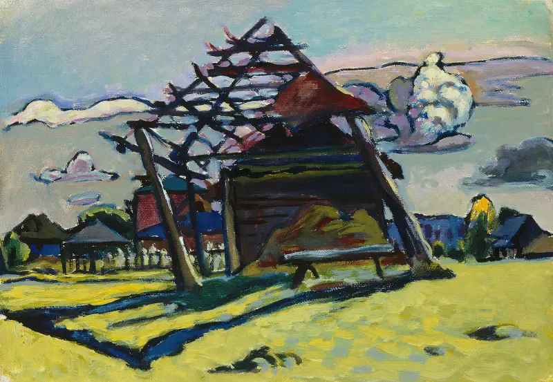 Akhtyrka. Frame for a Haystack and Farm av Wassily Kandinsky