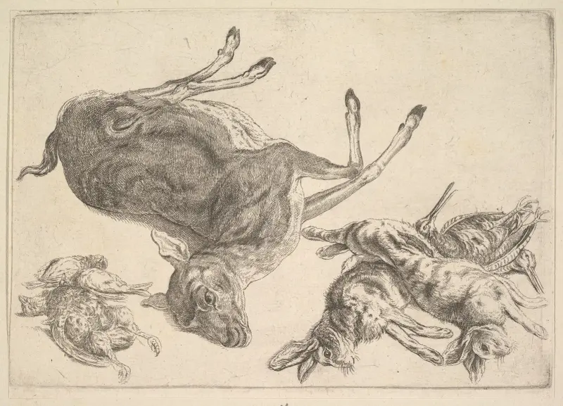 Toter Hirsch, Hasen und Wild von Wenceslaus Hollar