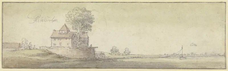 Ein Kirchlein unter einem Baum bei Rodenkirchen am Rhein, in der Ferne die Stadtsilhouette von Köln av Wenceslaus Hollar