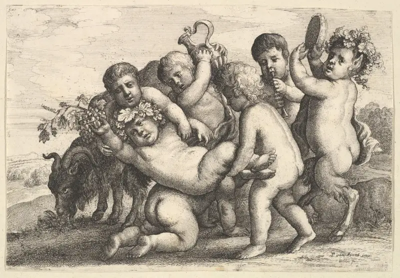 Fünf Jungen, zwei Satyrn und eine Ziege von Wenceslaus Hollar