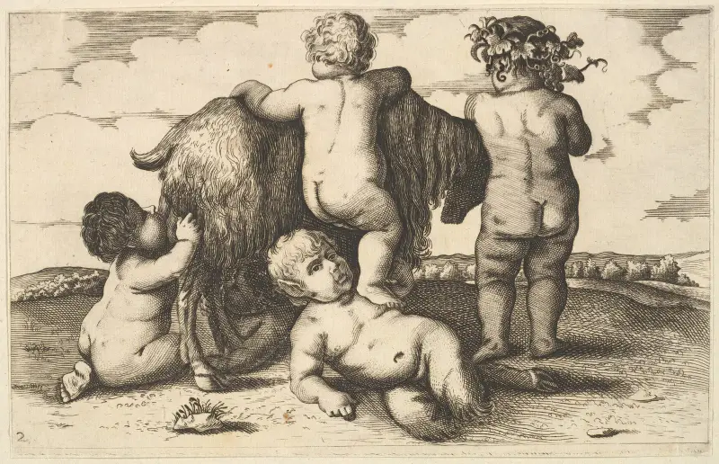 Fyra pojkar, en ung satyr och en get av Wenceslaus Hollar