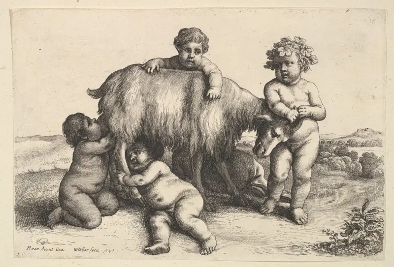 Vier Jungen, ein junger Satyr und eine Ziege, 1647 – Nr. 1 von Wenceslaus Hollar