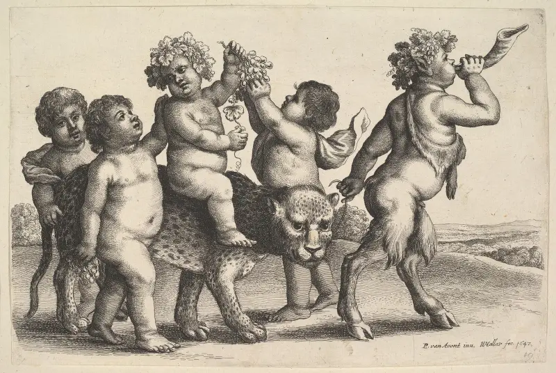 Vier Jungen, ein junger Satyr und ein Leopard von Wenceslaus Hollar