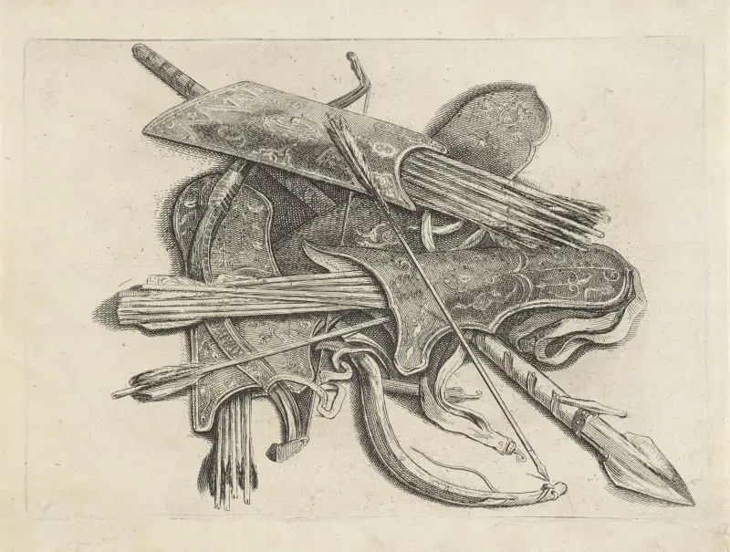 Vier Köcher mit Pfeilen, zwei Bogen und ein Speer auf dem Boden angeordnet von Wenceslaus Hollar