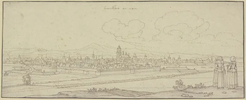 Frankfurt am Main von der Südseite gesehen, rechts im Vordergrund zwei Damen av Wenceslaus Hollar