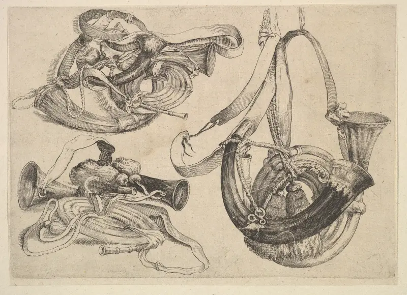 Sju jaktthorn i tre grupper av Wenceslaus Hollar
